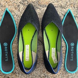 Rothy’s holiday discontinued The Point in navy metallic neon green interior.